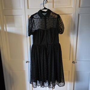 Unique Vintage Black Red Heart Flocked Mesh Dress Collared Pleated L